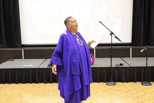 Charlo e O’Neal, former Black Panther, performs in Alumni Hall on Feb. 28.