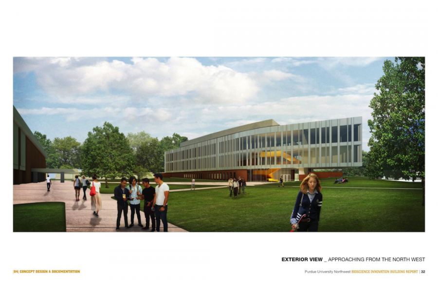 This rendering represents the design and location for the new Bioscience Innovation Building for the Hammond campus. The new building (right) would sit in
front of the SUL (left) where there is currently a parking lot.