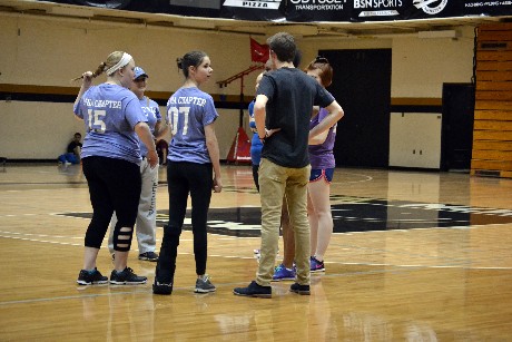 Greek organizatoin members huddle up before a volleyball match on March 29 in the FRC at the
Hammond campus. 