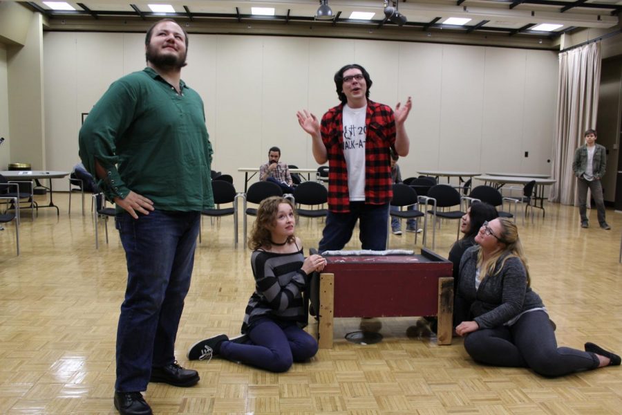 Sheriff Nottingham, played by James Solis (left), plots with the Evil Prince John, played by
Matthew Ruiz (center) to take down Robin Hood, with the fawning ladies’ support, played by
Sam Garcia (left), Natalie Villarruel (back right) and Bailey Kien (front right).