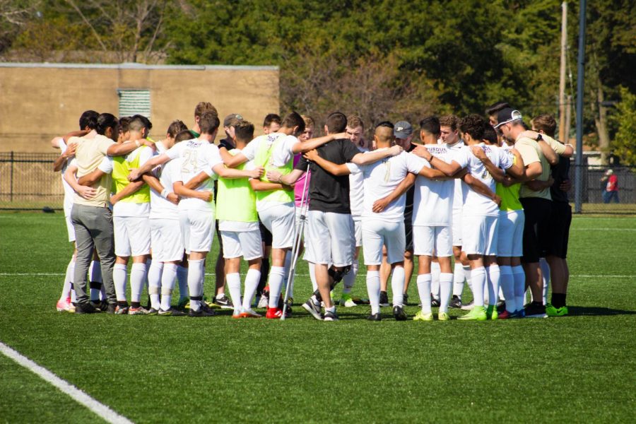 The PNW men’s soccer team huddles before the game to discus the game plan and provide words
of encouragement.