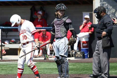 Hunter Thorn (center), catcher, will begin his second season on the PNW baseball team in March.