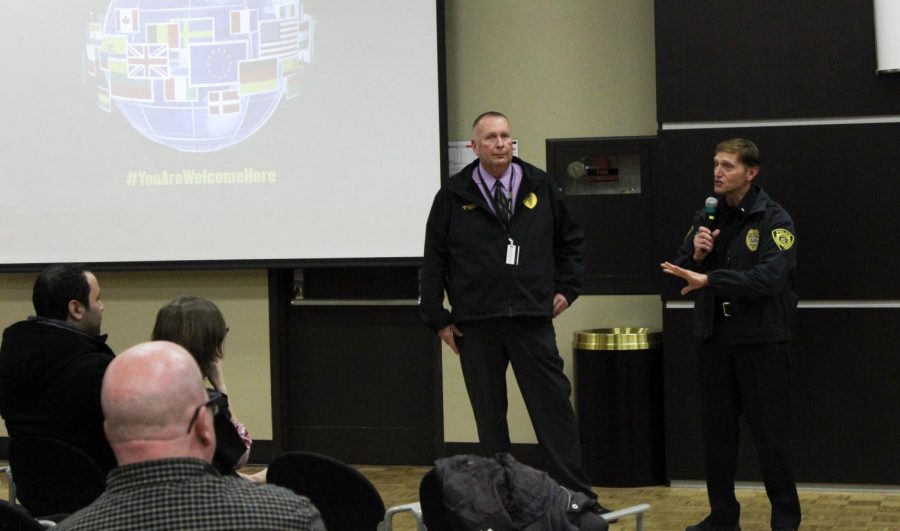 PNW police officers Charles Guilian and Patrick Tracy speak to
the attendees of the #YouAreWelcomeHere event on Feb. 8.