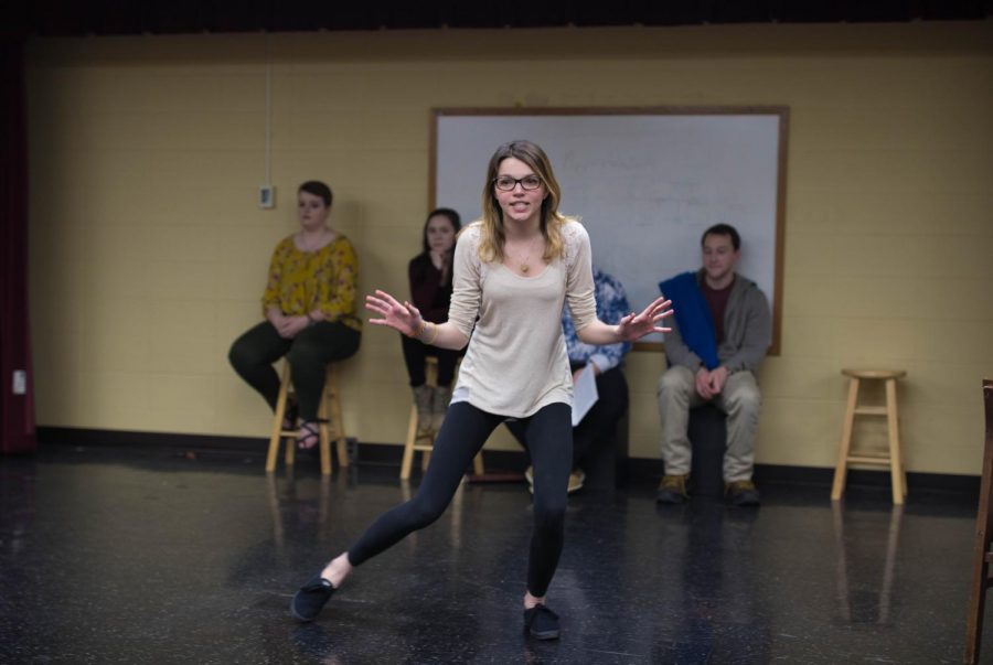 Members of the cast rehearse for “You’re a Good Man,
Charlie Brown,” which opens on April 20 in Alumni Hall.