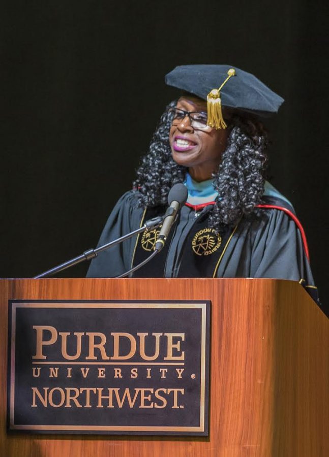 Regina Biddings-Muro, former vice chancellor for Institutional Advancement, speaks at the Spring 2018 graduation ceremony.