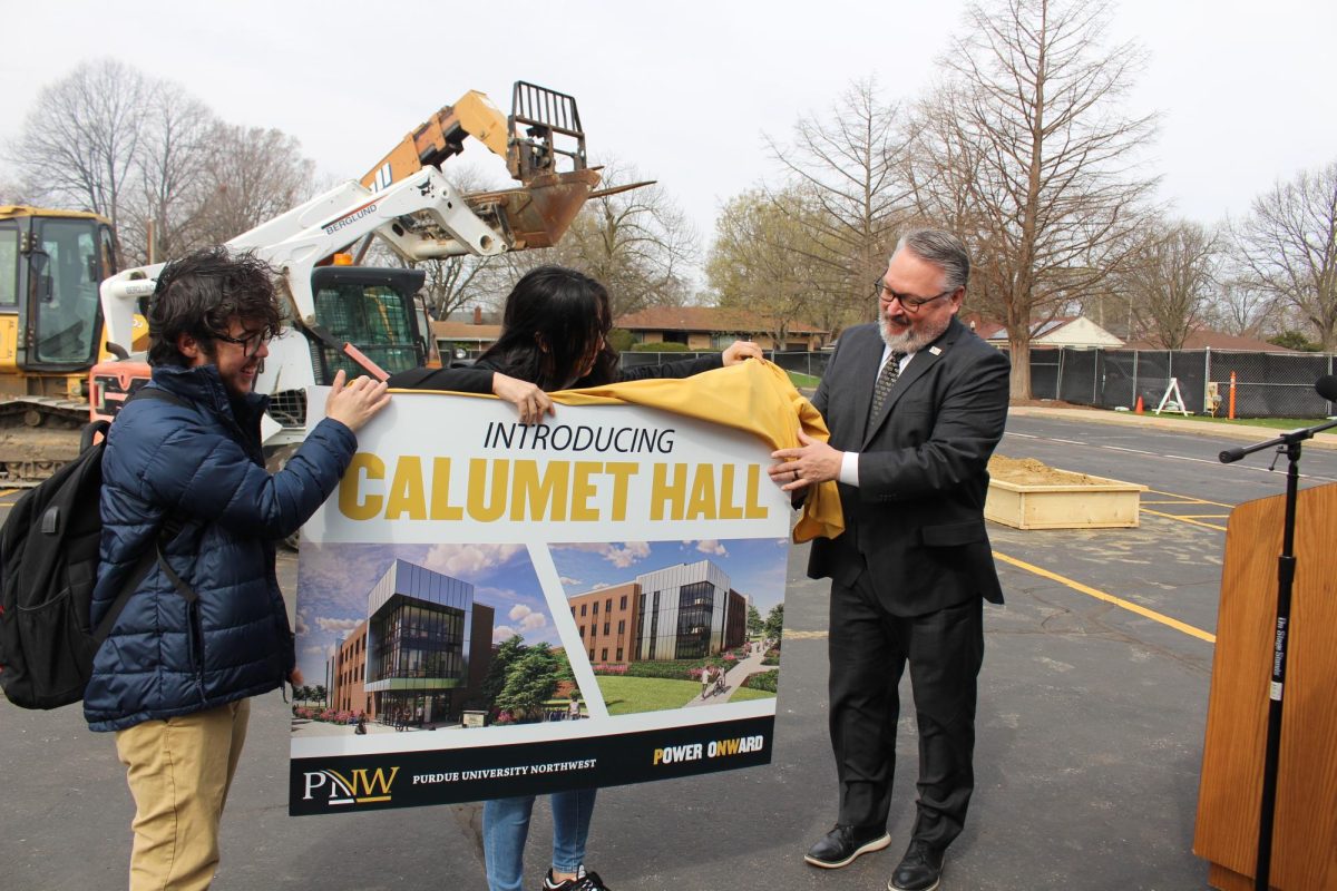 On April 17 PNW broke ground on its third dormitory, Calumet Hall, which will have 150 beds when it opens in 2026. Chancellor Kenneth C. Holford said it is part of PNW’s commitment to providing a total college experience. “This new residence hall is ... a space designed to be a home away from home and a place where students can gather, unwind and build lifelong friendships,” he said. (Photos by Makayla Rose Fuentes)